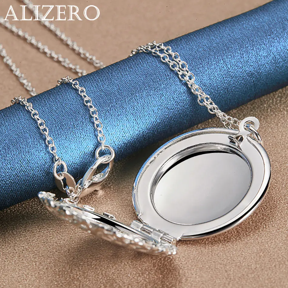 ALIZERO 925 Sterling Silver Fine Round Photo Frame Pendant Necklaces With 16-30 inch Chain Women Men Lady Fashion Jewelry