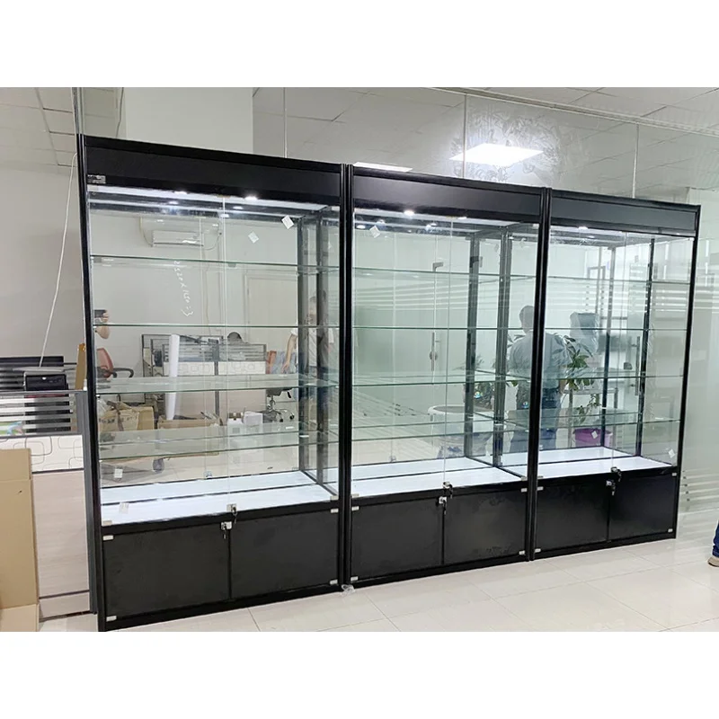 Custom, retail store glass display multi-purpose display showcase with LED lamp boutique smoke shop display cabinet