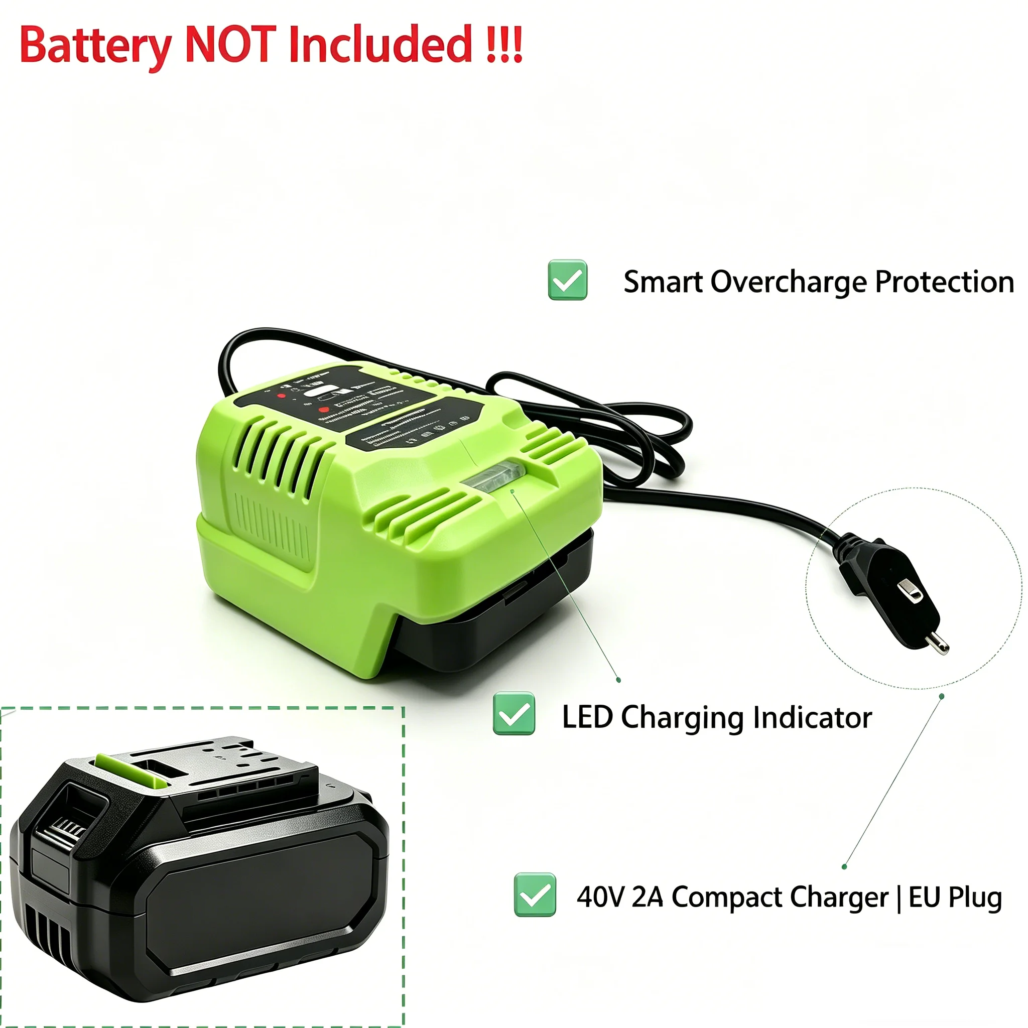 100-240V Lithium Battery Fast Charger Mini Power Tool Accessories for Greenworks 40V Lithium Battery EU Plug Model 29462 29472