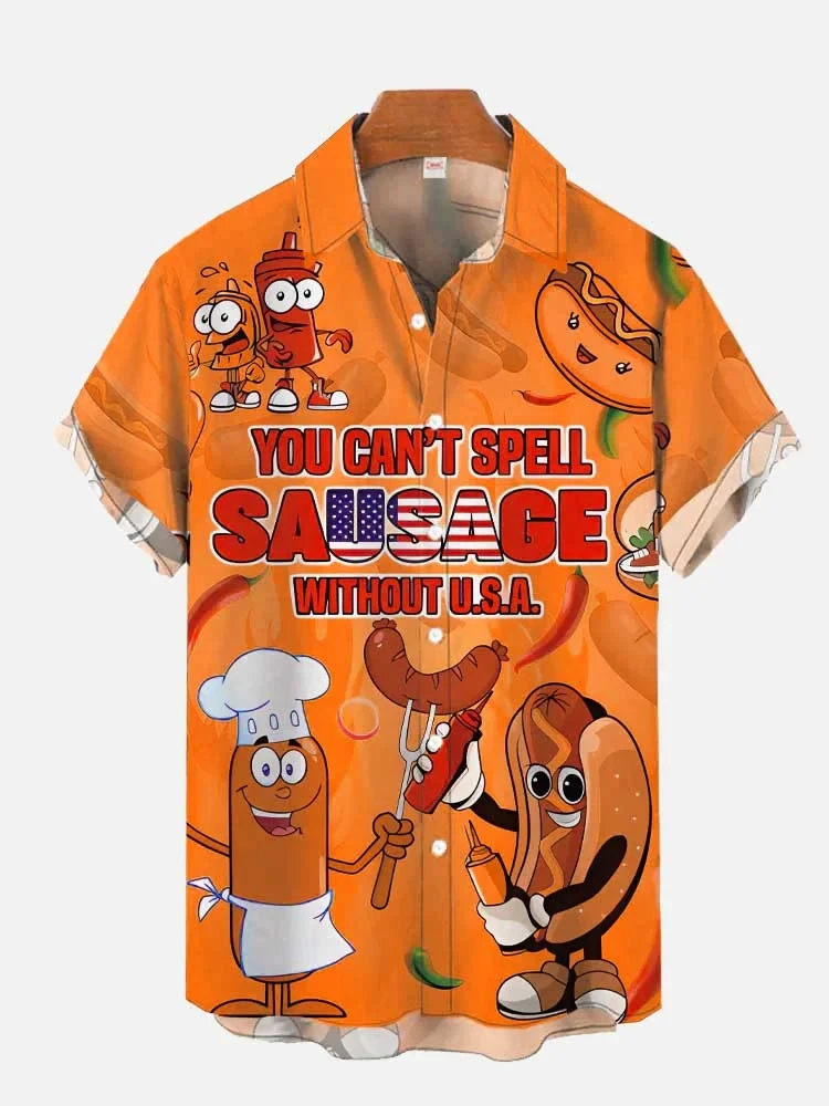 You Can\'t Spell Sausage Without an American Hot Dog Lover Hawaiian Shirt Men\'s Casual Lapel Button Down Shirt