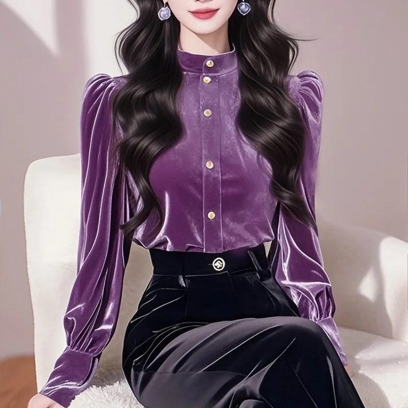 

Vintage Women's Blouses Corduroy Shirts Fashion Slim Fit Spring/Fall Solid Color Clothing Long Sleeves Korean Women Tops