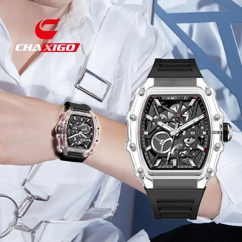 

CHAXIGO мужские автоматические часы Tonneau дизайн прозрачный корпус механический стиль водонепроницаемые силиконовые часы с большим циферблатом CA035-5