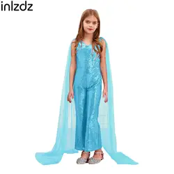 Kids Girls One-piece Party Jumpsuits Sparkly Sequined V Neck Cape Sleeve High Waist Wide Leg Pants Bodysuit for Flower Girl Gown