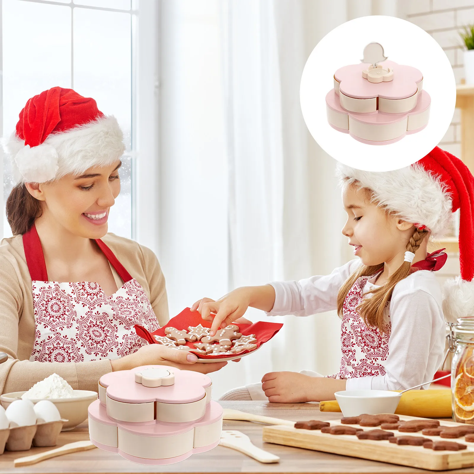 Rotating Double-Layer Flower-Shaped Snack Tray with 5-Compartment Design for Nuts, Dried Fruit, Chips & Olives
