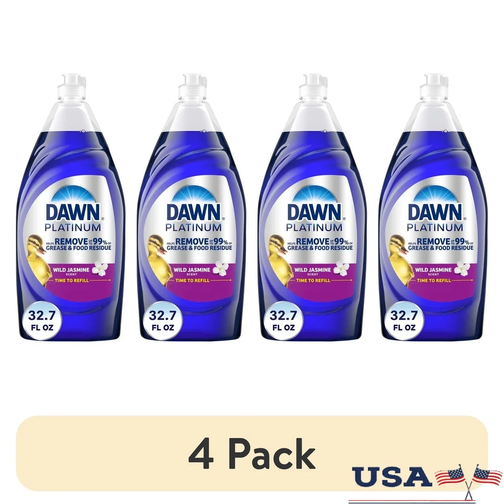 

4 упаковки мыла для посуды, дикий жасмин, 32,7 жидких унций, мощность очистки жира, биоразлагаемая жидкость для мытья посуды, концентрат, аромат свежего дождя