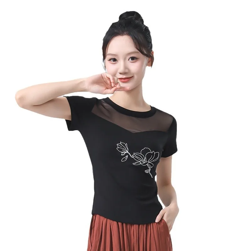 Roupas de prática de dança moderna feminina verão nova camiseta de manga curta malha fina costura clássica d roupas desempenho topo