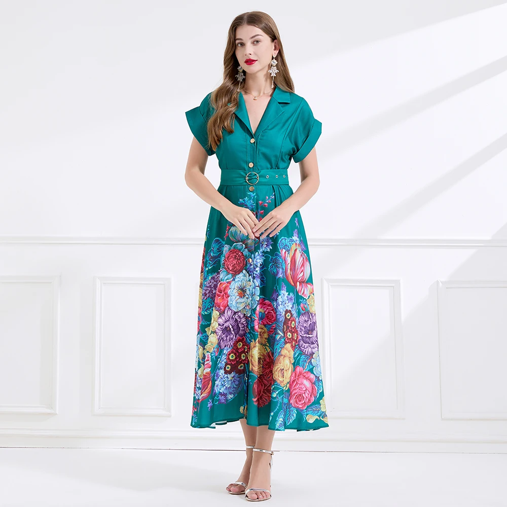 

2025 Summer Holiday Gorgeous Flower Long Dresses Women's Notched Collar Short Sleeve Belt Floral Print Holiday Robe Vestidos