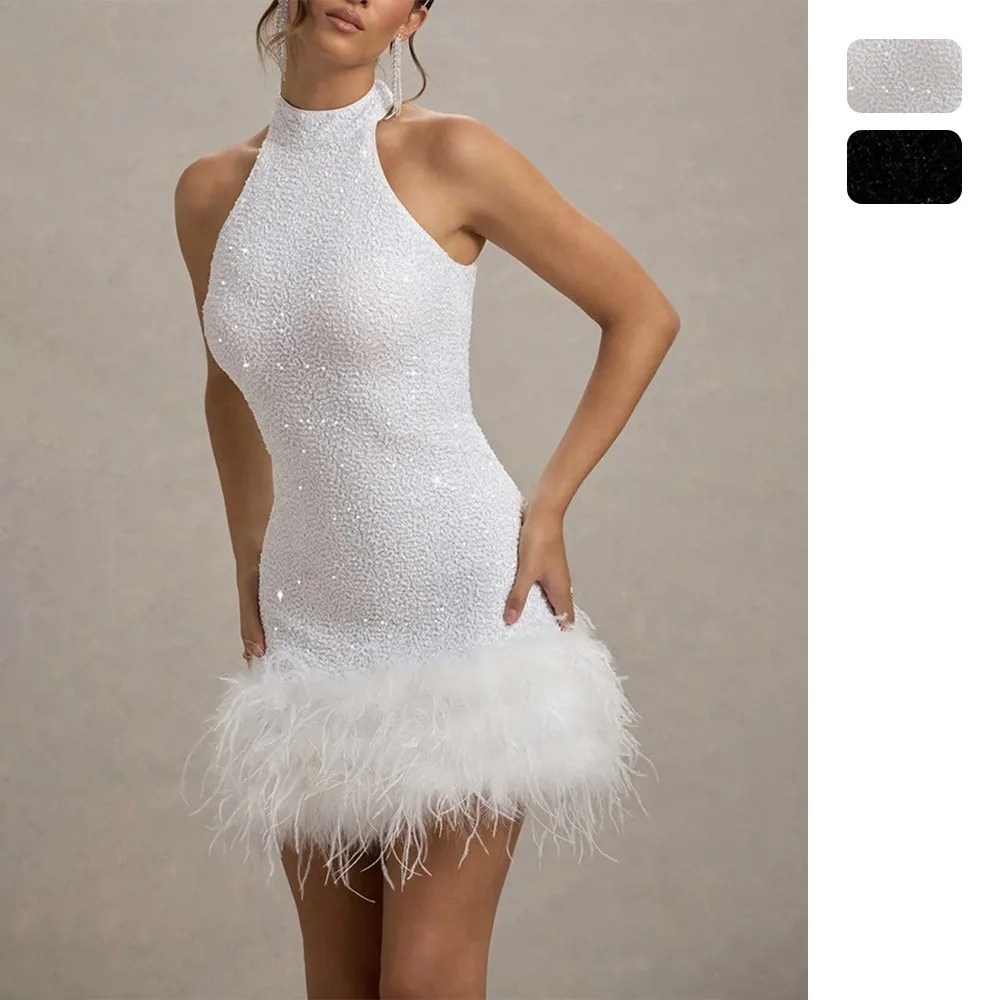 Sleeveless Sequined Gown High Waist Socialite Style with Mini Length Party Dresses Fitted Zipper Patchwork Round Neck for Women