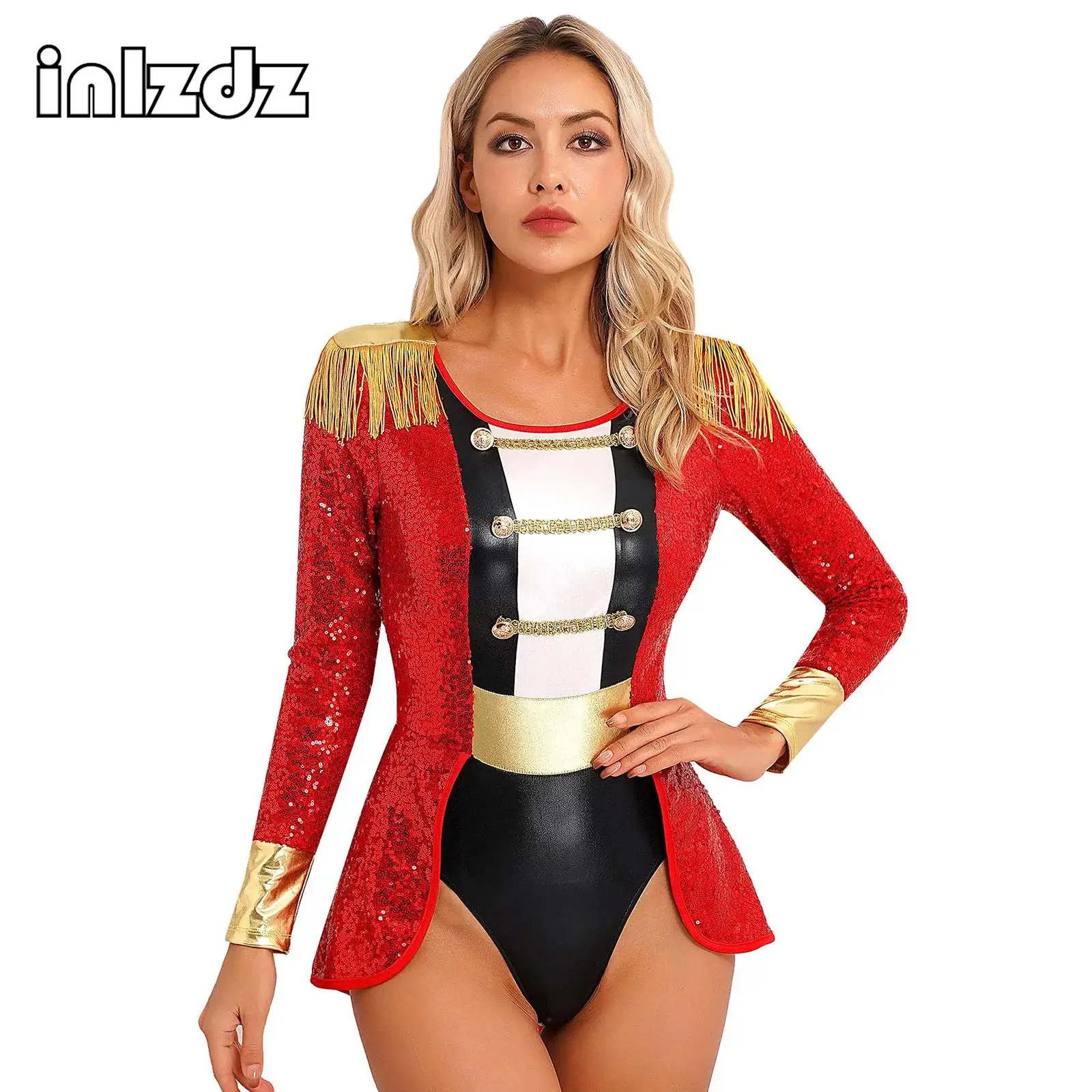 Ringmaster Tuxedo Leotard Bodysuit Jacket Womens Circus Ringmaster Costume Adults Showman Red Circus Carnival Outfit