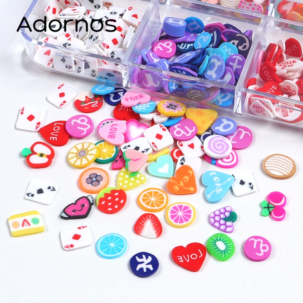 Love Heart Nail paillettes Polymer Clay Colorful Nail Design Cute Poker Card Fruit Cake Shape Mix Nail Art forniture e decorazioni