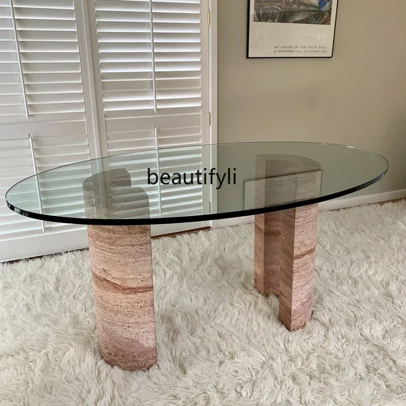 

Nordic Dining Table and Chair round Glass Surface Red Cave Stone Table Sales Department Decoration TableQ