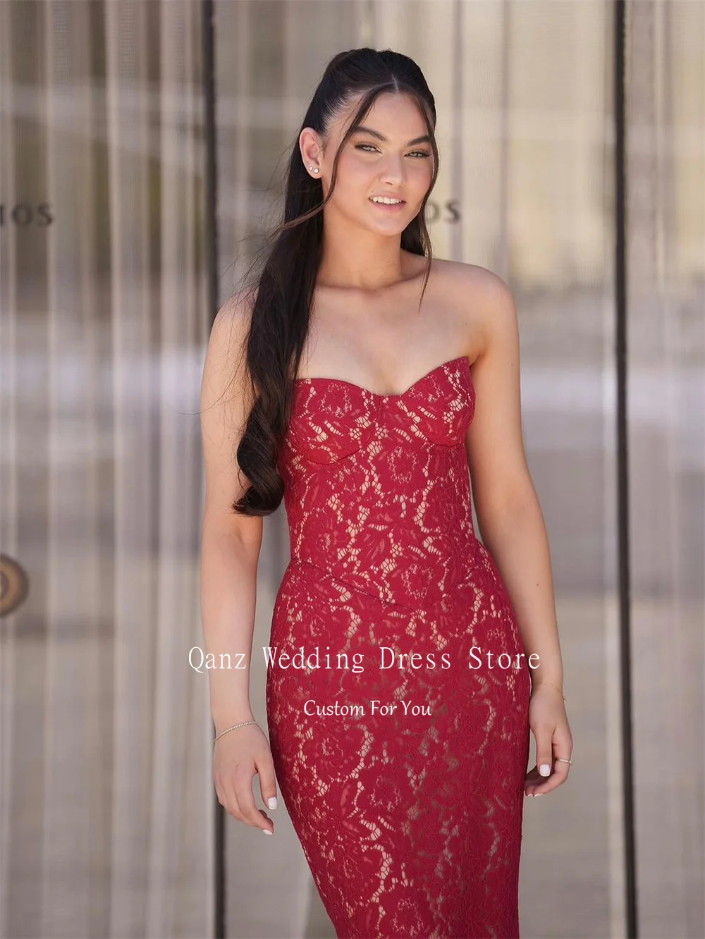 Qanz الدانتيل الأحمر يزين فساتين لحضور الحفلات الموسيقية الحبيب حورية البحر مثير فستان حفلات الزفاف مشد الظهر فساتين السهرة الرسمية حسب الطلب #4