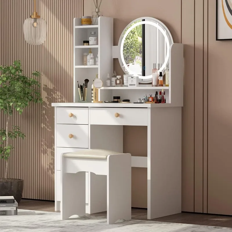 Makeup Vanity Set Dresser Desk with 5 Drawer and Shelf Round Mirror with Touch Screen and Light Vanity Set with Cushioned