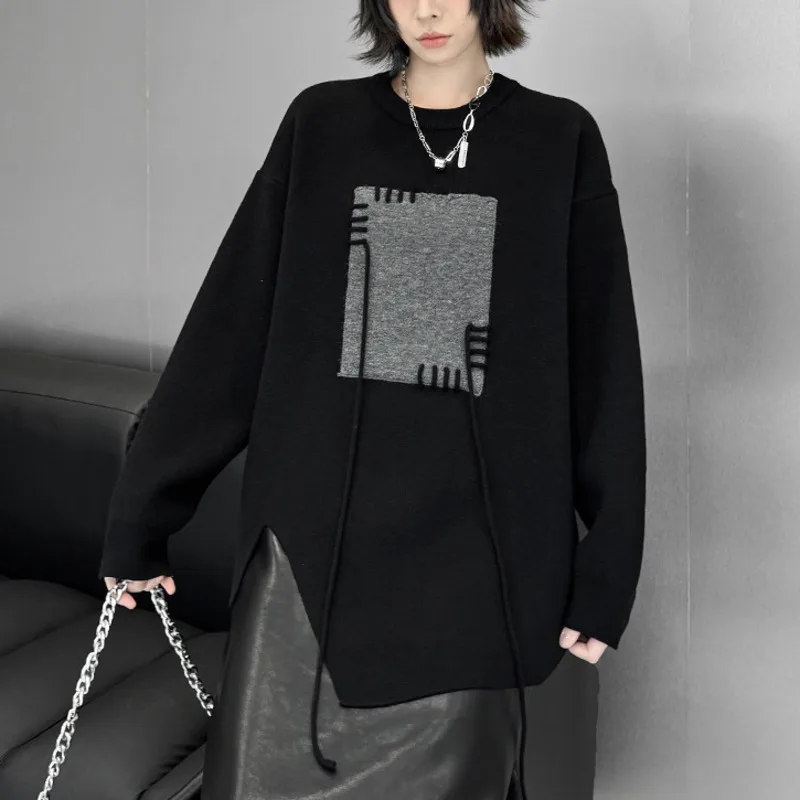 HKSH Autumn Winter New Women Sweater Asymmetric Color Block O-neck Pullover Irregular Hem Dark Trendy Casual Knitted Top HK11987