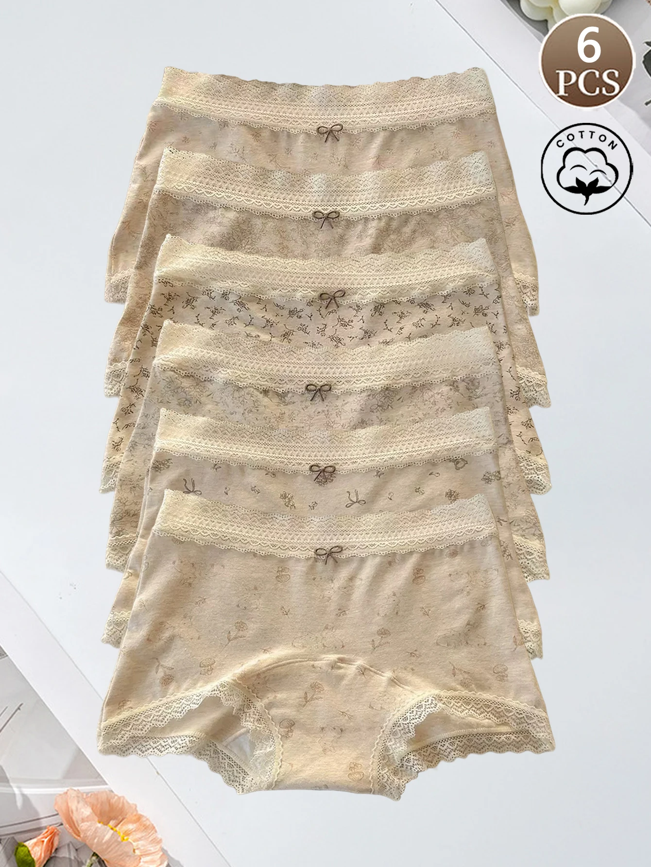 

6PCS Women's Panties With Cute Bow Lace Floral Printed Soft & Comfortable Cotton Boyshorts, Ideal for Daily Wear, Home, Dating &