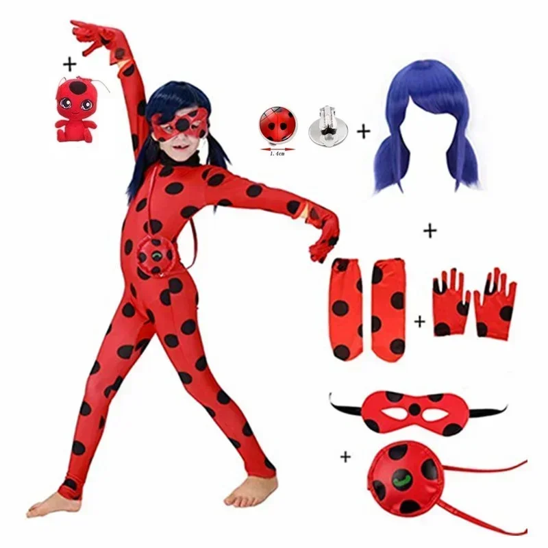 Christmas Child Bug Costume Girls-Red Dress Up Jumpsuit Mask Bag Easter Marinette Cosplay Costumes Party Small Beetle Suits