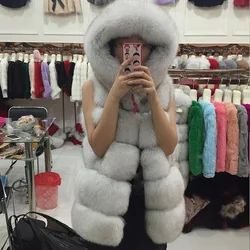 Old Fashion Women Faux Fur Vest Hooded Winter Warm Sleeveless Faux Fur Coats for Young Lady