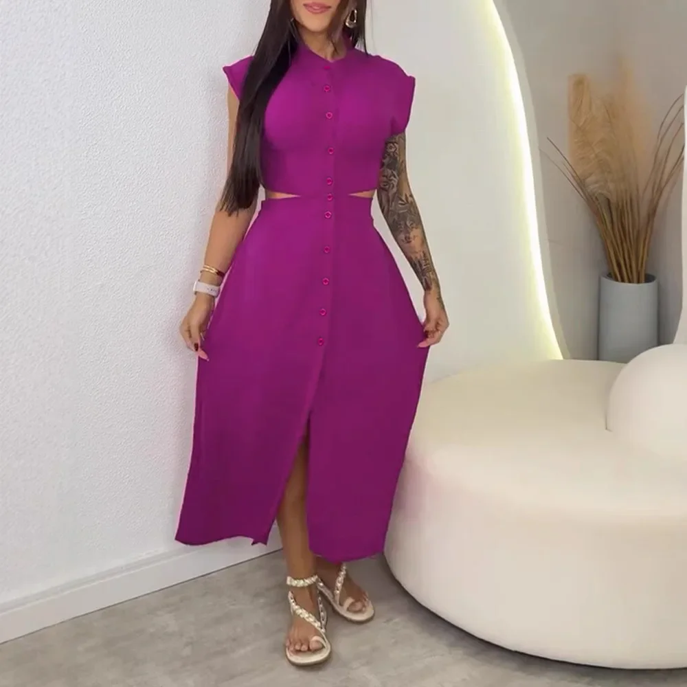 สีทึบคัตเอาท์ปุ่มลงเอวยางยืดกลับชุดลําลองอเนกประสงค์ Vocation Maxi Dress