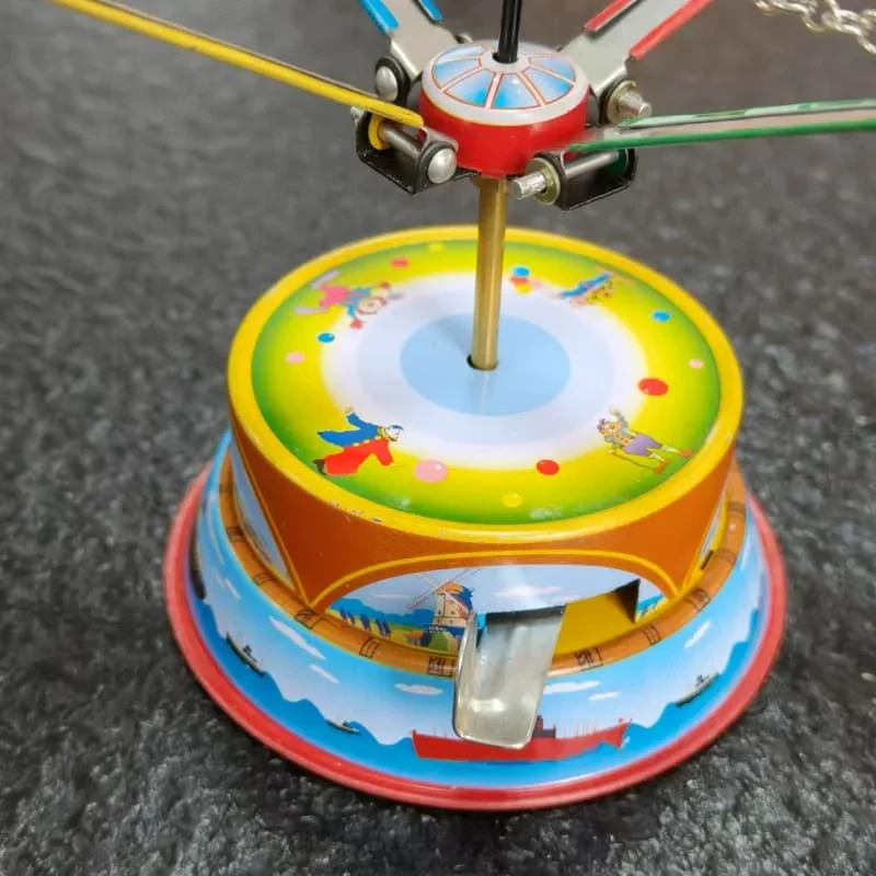 [Funny] Adult Collection Retro Wind up toy Metal Tin amusement park Rotating plane windmil Mechanical Clockwork toy figures gift