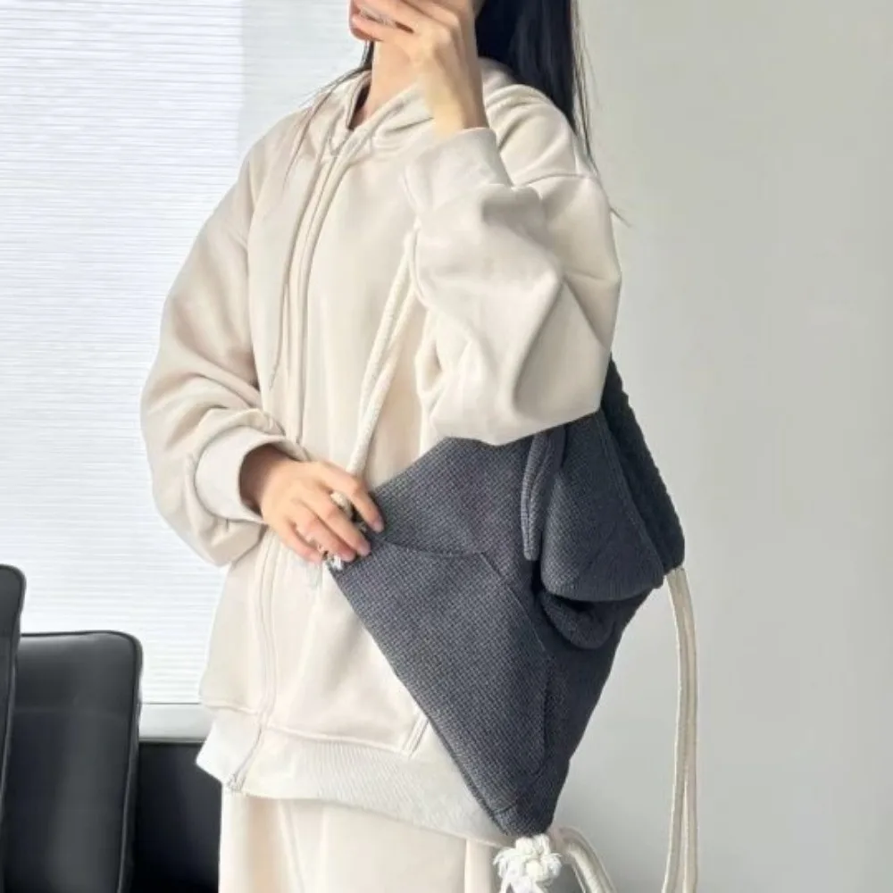 

Simple Ox Horn Hooded Backpack Large Capacity Solid Color Hoodie Design Schoolbag Korean Style Zipper Drawstring Bag Gift