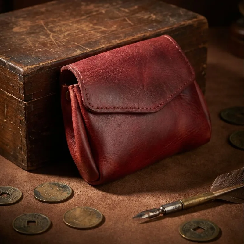 

Men Vegetable Tanned Leather Coin Purse, Multi-Compartment Vintage Snap Wallet, Organizer Bag for Coins, ID Cards & Small Items