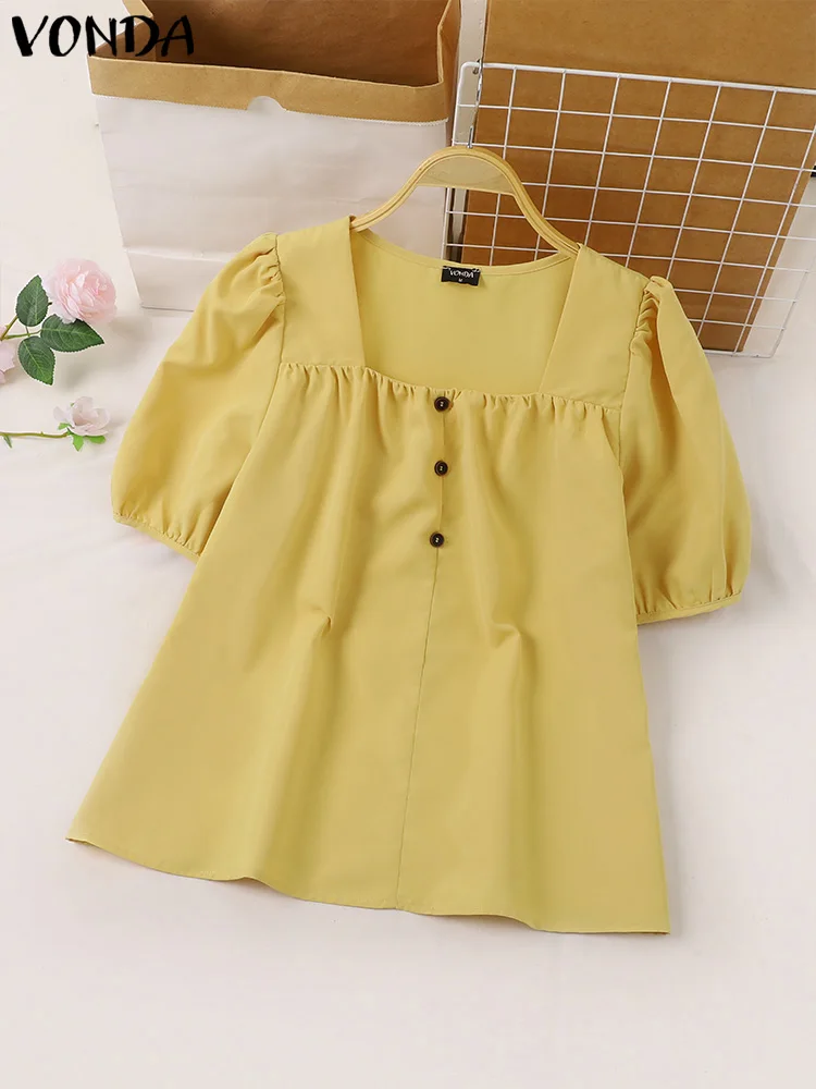 

Women Puff Sleeve Blouse 2024 VONDA Fashion Short Sleeve Solid Color Shirts Summer Tops Femininas Casual Square Neck Blusas