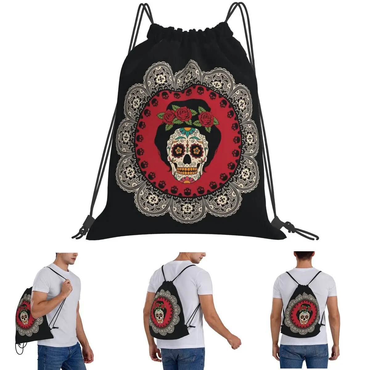 Mexican Skull Woman Backpacks Casual Drawstring Bundle Pocket Sports Bag Book Bags for Travel School