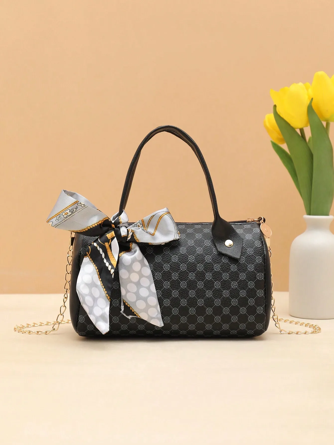 

Black Geometric Print Top-Handle Bag with Silk Scarf Bow & Chain Strap