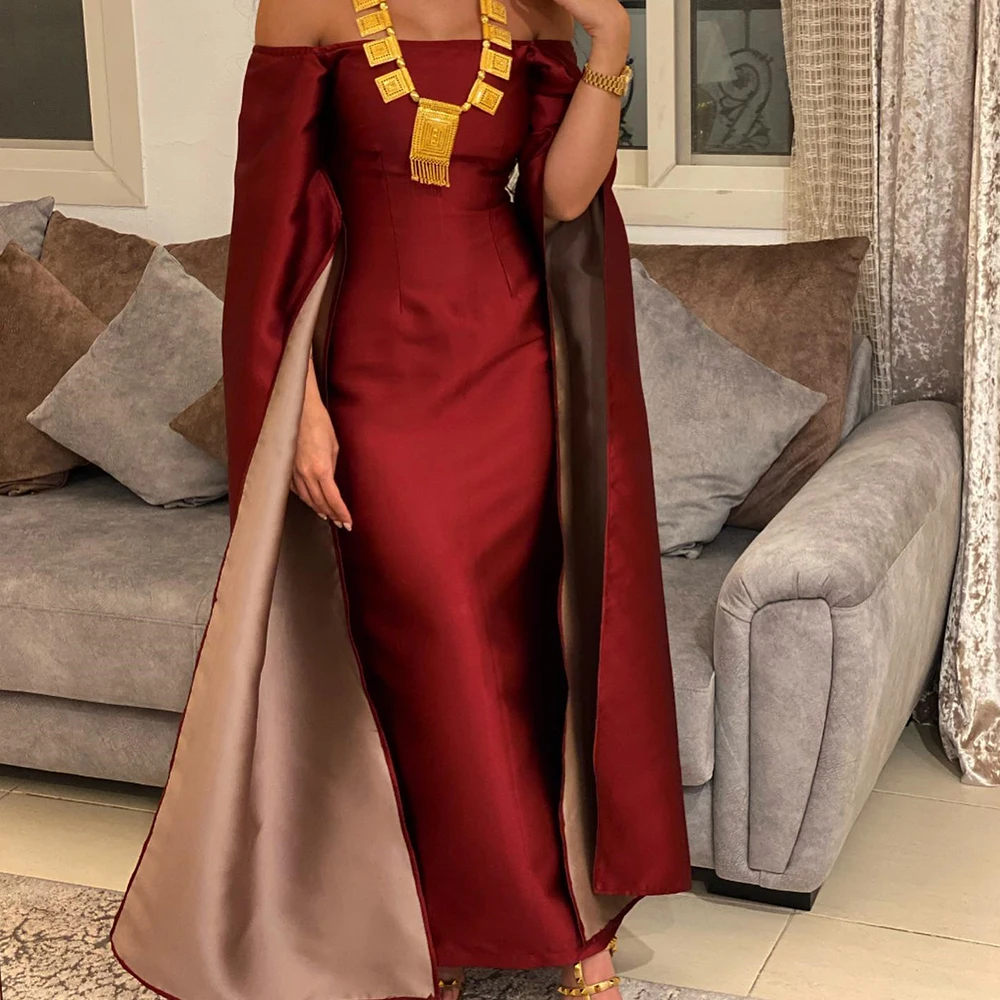 

Customized Straight Satin Off the Shoulder Evening Dress Boat Neck Half Sleeves Floor Length Panel Train Solid Color Delicate