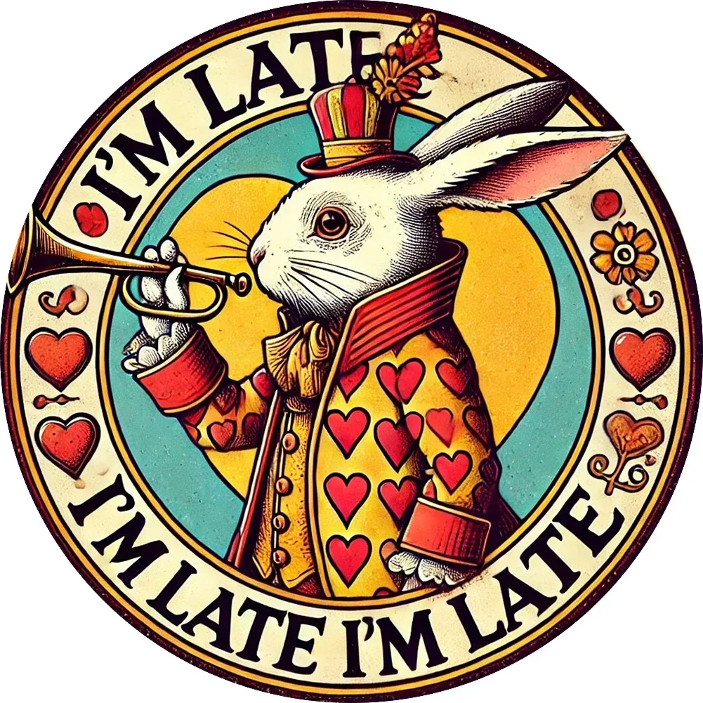 1 Stück Vintage „I'm Late I'm Late“ Kaninchen-Aluminium-Wandkunst – wasserfeste, rostbeständige Dekoration mit Blumenherz für Zuhause, Garten, Café