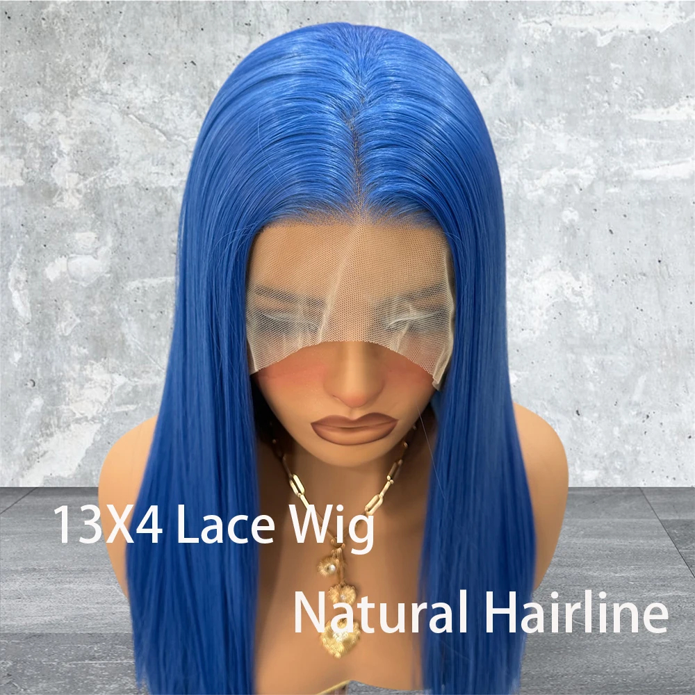 Wig renda lurus panjang biru rambut sintetis Wig biru tua Wig Staright sutra Wig renda Frontal tahan panas untuk pakaian sehari-hari wanita