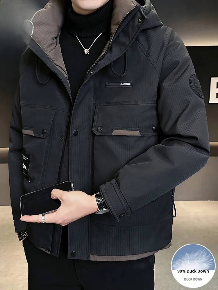 

Мужская зимняя куртка с 90% пуха, новая, теплая, повседневная, с капюшоном, размер M, верхняя одежда из полиэфирного волокна, не требует глажки