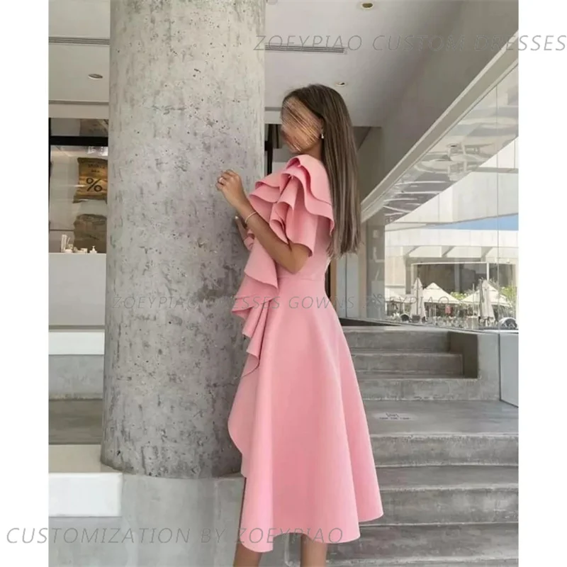 Elegant Pink Short Evening Dresses Beach Full Sleeves Mini Prom Dresses Knee Length Formal Prom Gowns Saudi Arabric For Women