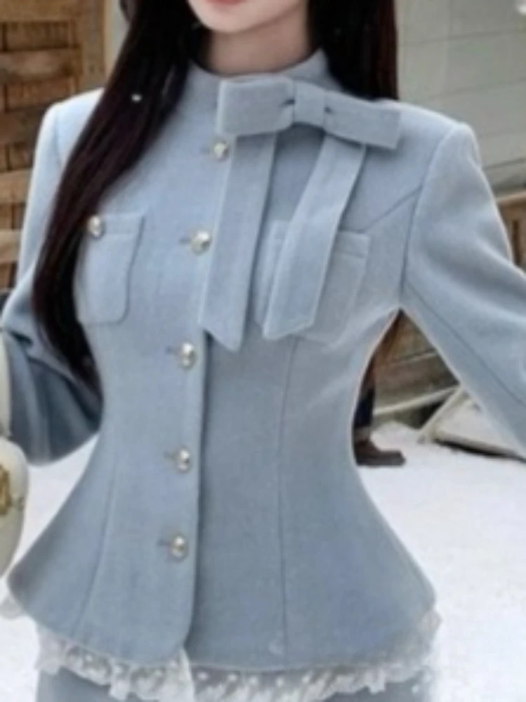 الفرنسية أنيقة القوس قطعتين مجموعة النساء الخريف الشتاء الدانتيل المرقعة مزدوجة الصدر سترة وتنورة خط الزي الحلو شيك