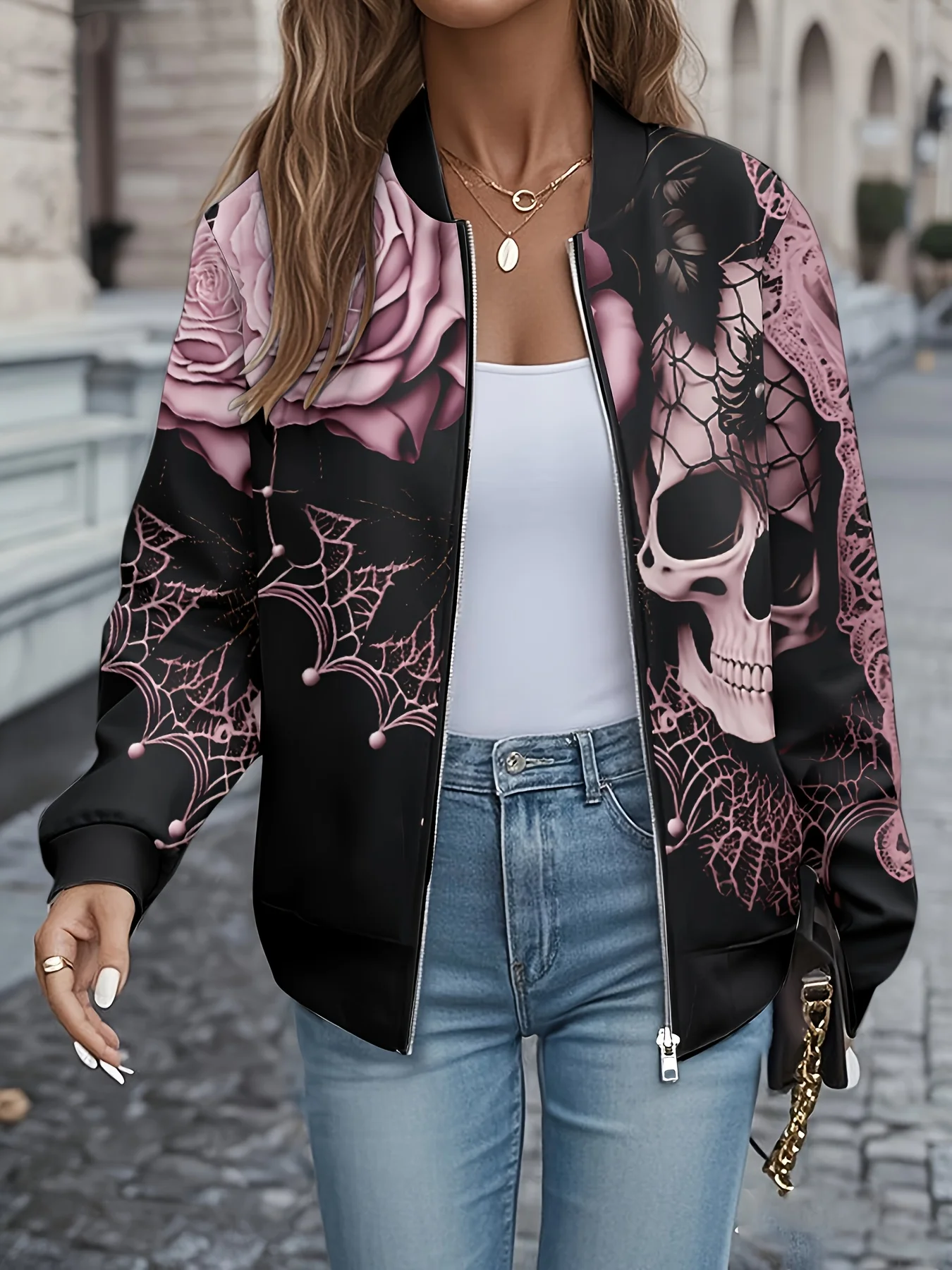 

Women's Halloween Skull Jacket, Retro Vintage Print Design, Limited Edition Style, Autumn Zip-Up Casual Outerwear