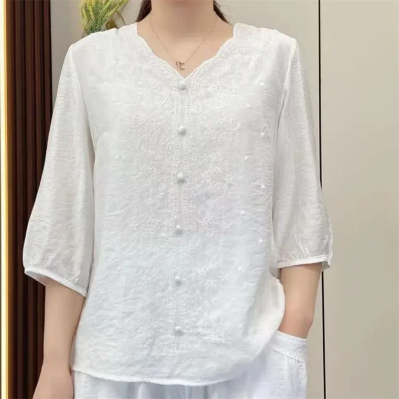 Women\'s Clothing Vintage Ethnic Style Embroidery Elegant Blouses Summer V Neck Half Sleeve Loose Shirts Ladies Cotton Linen Tops