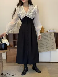 Patchwork France Style Sweety Dress Women Long Sleeve Lace Chic Vintage Women Ladies Dresses Casual Korean Loose Dress