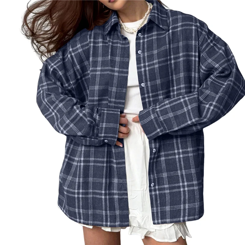 

A83F-Женские фланелевые рубашки на пуговицах с длинными рукавами в клетку, деловая повседневная блузка, топ, синий и белый сетчатый XL