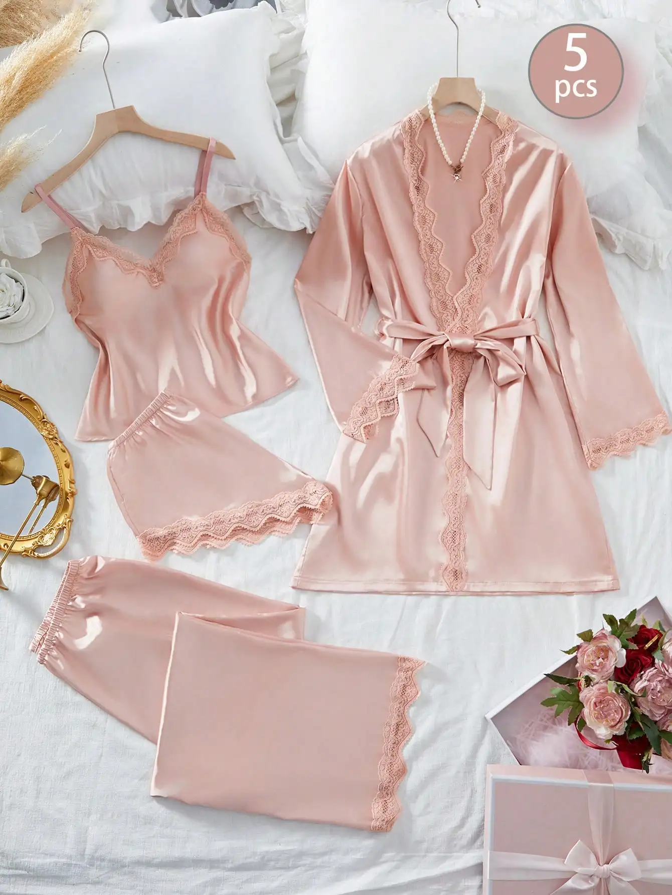 

5-Piece Pink Satin & Lace Sleepwear Set with Robe, Cami, Shorts, Pants & Belt