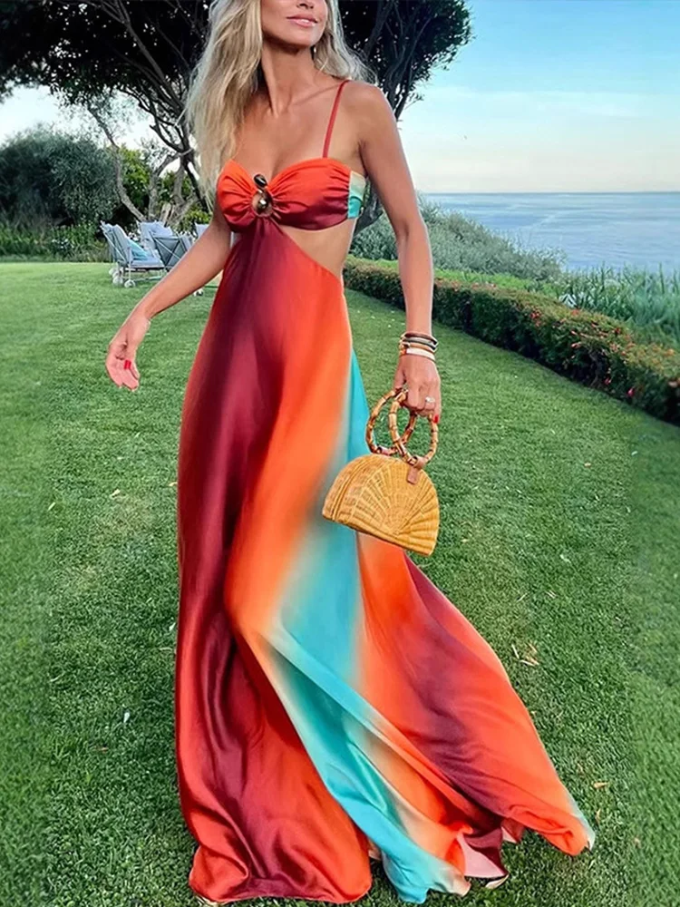 Fashion Gradient Hollow Out Maxi Dress Women Bohemia Spaghetti Strap Sleeveless Backless Beach Dresses Female Vacation Chic Robe