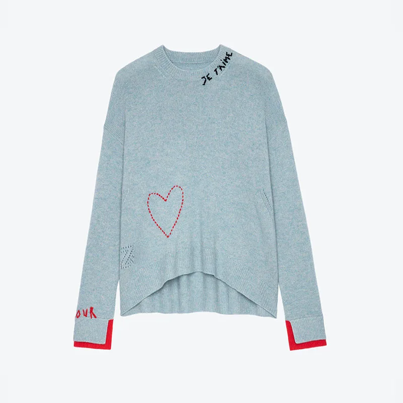 Azure Blue Sweater Womean Winter Cashmere Knit Sweaters Female Love Embroidery Autumn Knitwear Fashion Letter Heart Pullover