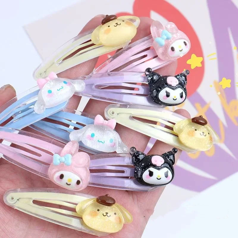 2Pcs Sanrio Girls Hair Clip Kawaii MyMelody Kuromi Cinnamoroll Bangs Clip Girlish Heart Transparent Hairpin Kids Hair Gift