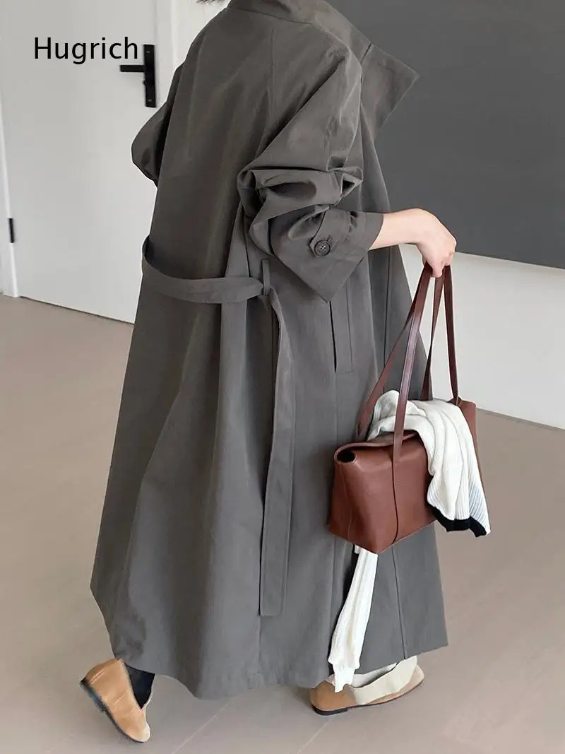 Solid Full Length Wind Coat High Stand Collar Adjustable Waist Strap Side Pocket Relaxed Fit Lightweight Outerwear