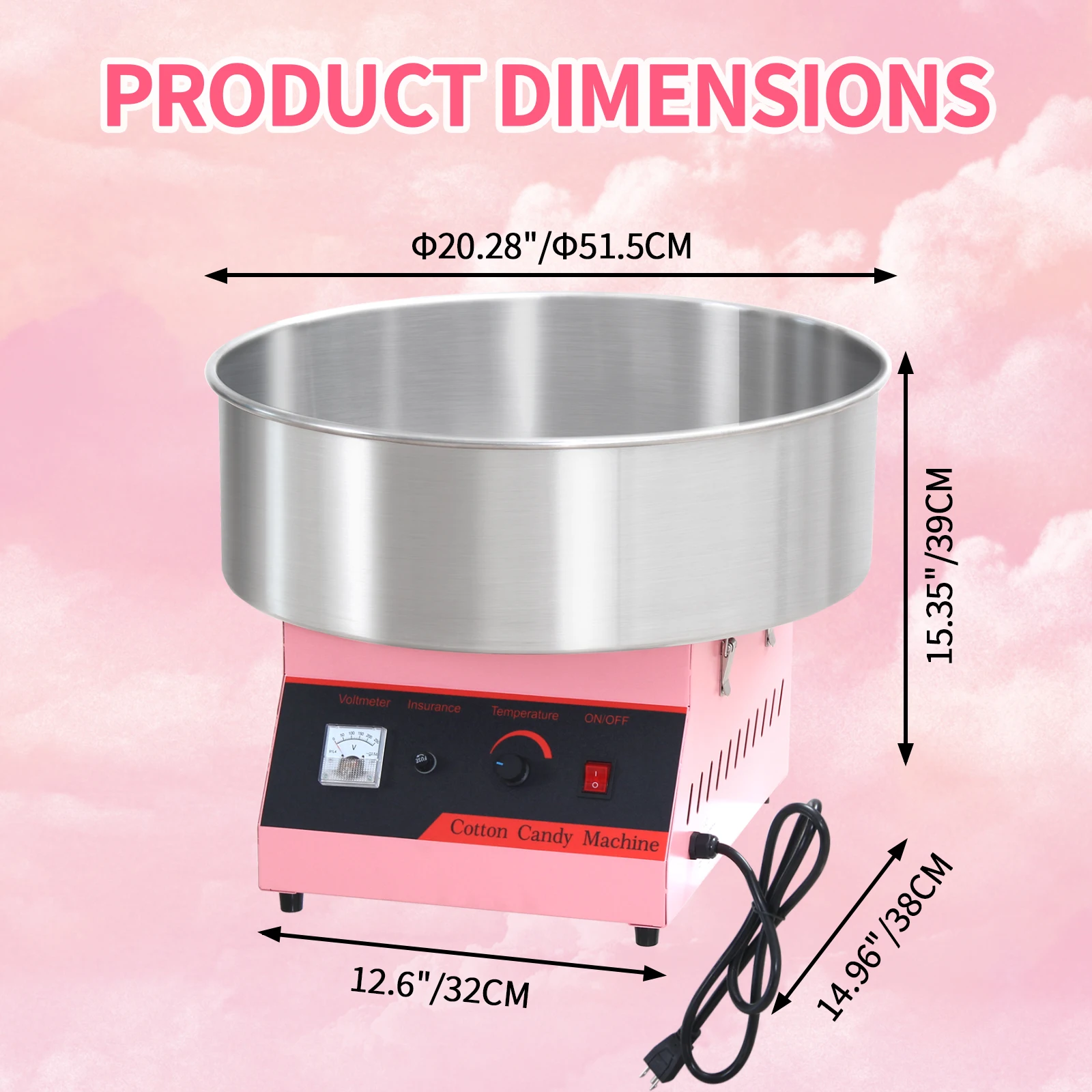 Commercial Cotton Candy Machine1050W Electric Floss Maker with Stainless Steel Bowl Sugar Scoop for Party Family Carnival