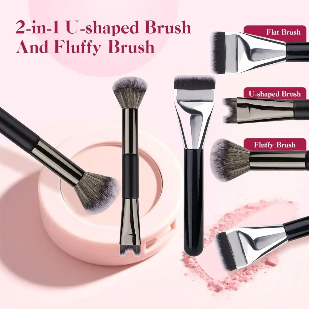 2-In-1 Nose Contour Brush Set Nose Sculpting Defining U-Shaped & Fluffy Brush for Blush Highlight Flat Foundation Face Makeup