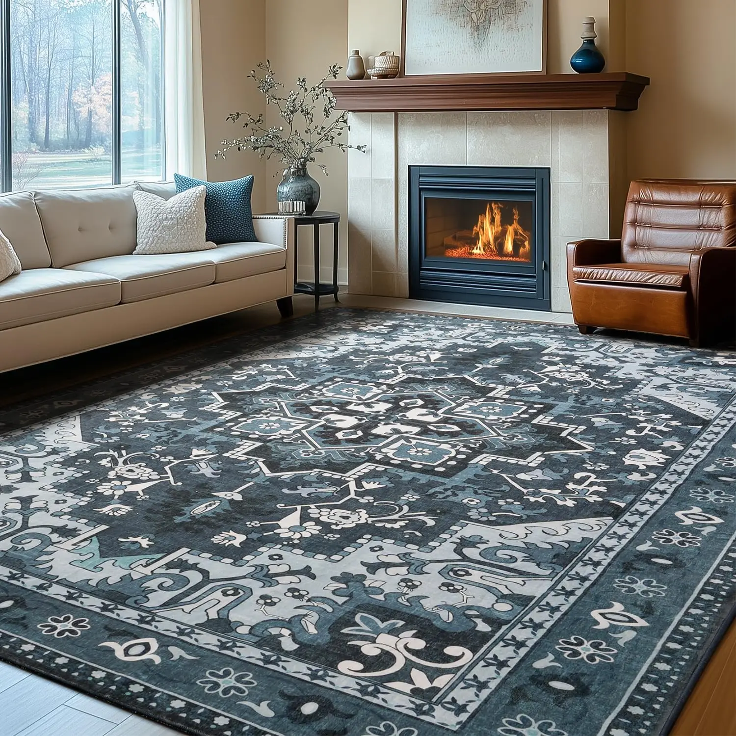 

Dark Navy Blue Washable Area Rug, Low Pile Soft Non-Slip Carpet for Living Room Bedroom Dining Room