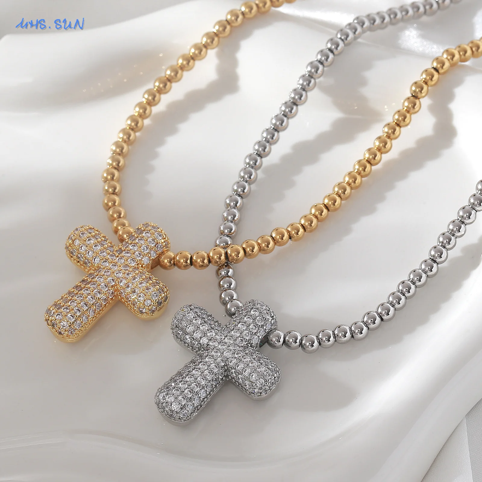 MHS.SUN-collar cruzado de lujo con circonita dorada y plateada para hombre y mujer, cadena de cuentas de acero inoxidable, cruces religiosas, regalo de joyería