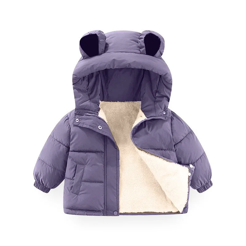 Autumn Winter New Boys Girls Jacket Solid Color Lining Plush Thick Warm Hooded Zipper Coat For 2-8 Years Kids Cotton Outerwear