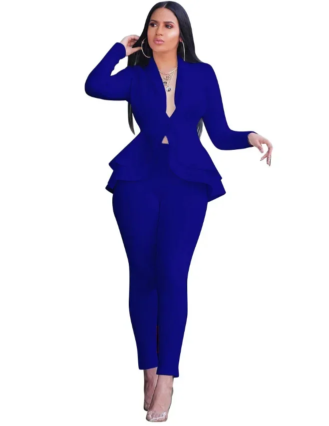 2024 Women's Formal Set 2PCS Tracksuit Full Sleeve Ruffles Blazers Pencil Pants Suit Two Piece Set Office Lady Outfits