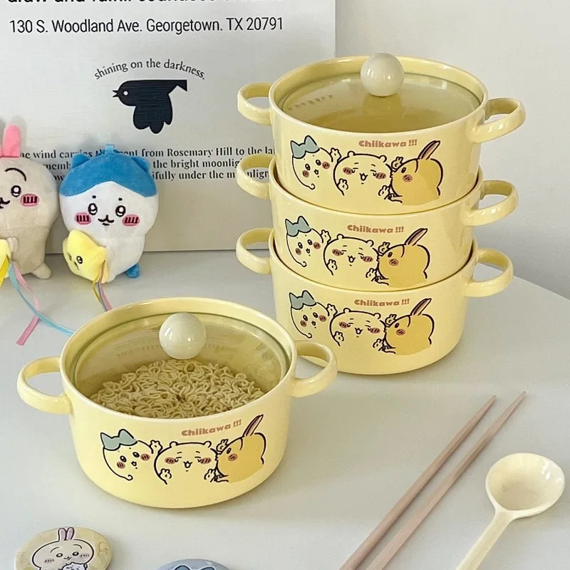 Cartoon Kawaii Ins Instant Noodle Bowl Ceramics with Lid Suit Both Ears Heat-proof Material Safety Easy Clean Well-made Chiikawa